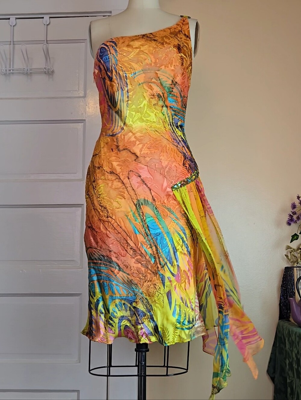 Diane Freis Silk Blend Y2K orange multicolor asymmetrical beaded midi dress - Picture 4 of 16